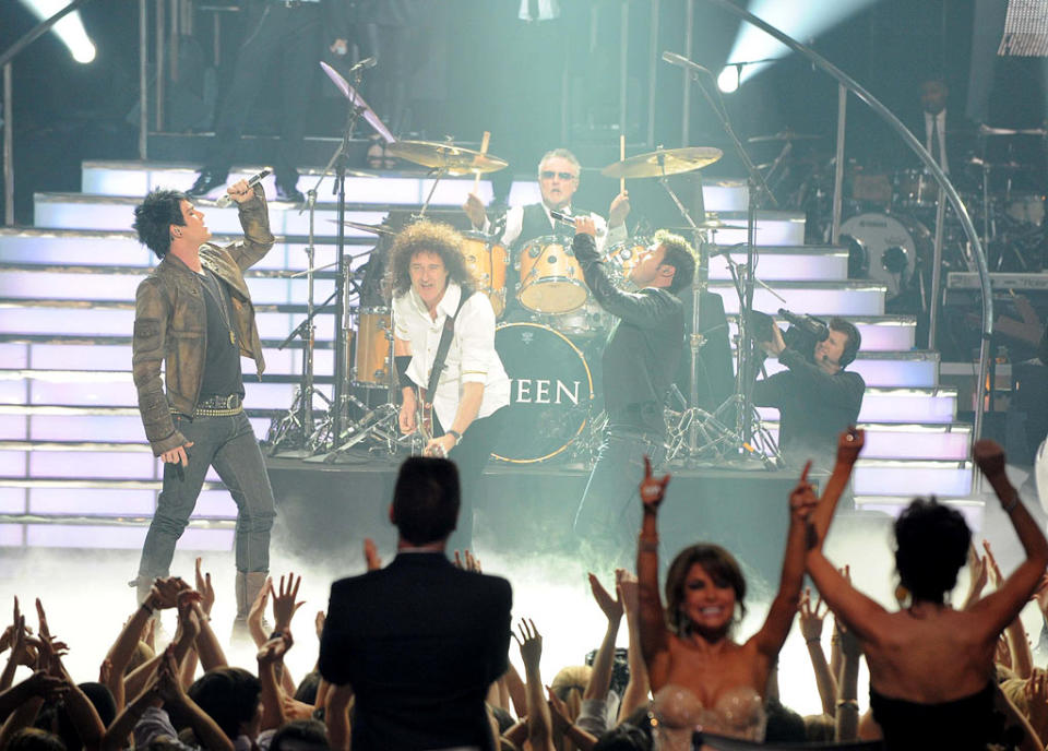 Adam Lambert and Kris Allen perform with Queen onstage during the Season 8 finale of "American Idol."