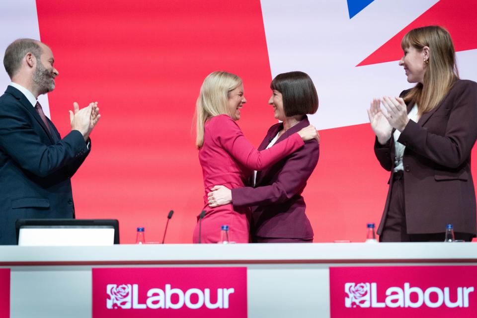 Rachel Reeves is congratulated by her sister and Labor Party chair Ellie Reeves after her speech. (LI)