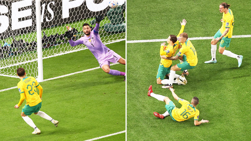 Craig Goodwin, pictured here giving the Socceroos an early lead against France at the FIFA World Cup.