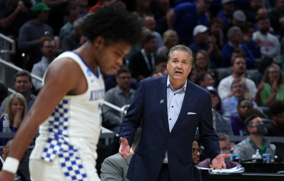 Mar 17, 2022; Indianapolis, IN, USA; Kentucky Wildcats head coach John Calipari during the first round of the 2022 NCAA Tournament at Gainbridge Fieldhouse. Mandatory Credit: Trevor Ruszkowski-USA TODAY Sports