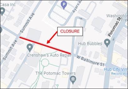 On Friday, March 29, West Baltimore Street will be closed from 7 a.m. to 10 a.m. to through traffic in both directions between Ayers Alley and Summit Avenue.