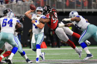 <p>Dak Prescott #4 of the Dallas Cowboys is hit by Adrian Clayborn #99 of the Atlanta Falcons while throwing during the first half at Mercedes-Benz Stadium on November 12, 2017 in Atlanta, Georgia. (Photo by Daniel Shirey/Getty Images) </p>
