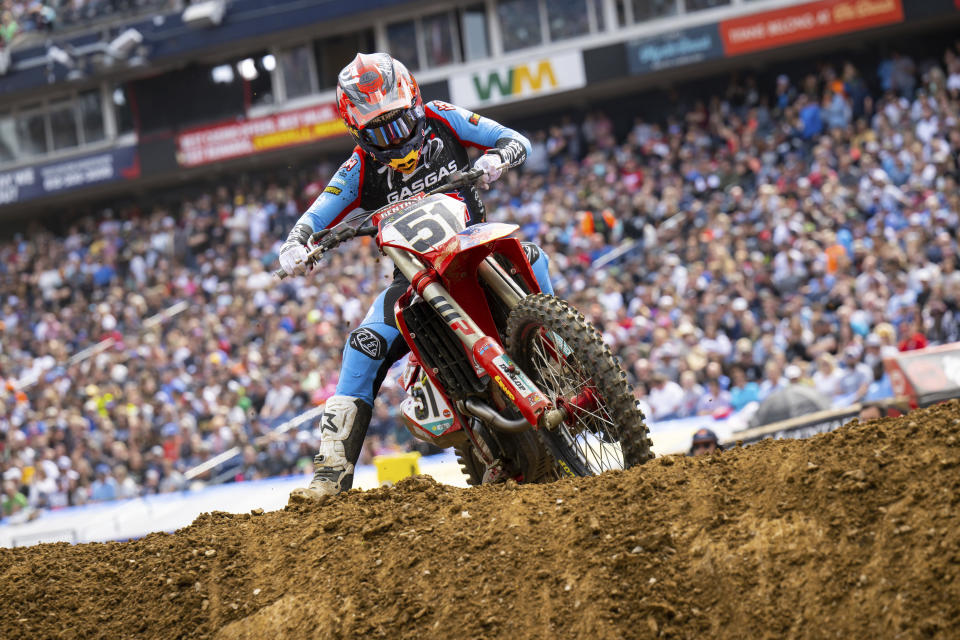 This photo provided by Align Media/Feld Motor Sports shows Justin Barcia in Nashville, Tenn., on April 29, 2023. The debut of SuperMotocross World Championship this year keeps Barcia in the mix for a title. With the points he earned in supercross and a chance to return early in the motocross season, the 31-year-old rider can still qualify for the SuperMotocross playoff rounds and possibly win a world championship. (Align Media/Feld Motor Sports via AP)