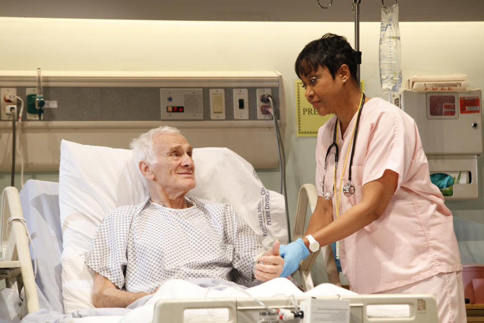 In this theater publicity image released by Sam Rudy Media Relations, Dick Latessa, left, and Brenda Pressley are shown in a scene from "The Lyons," in New York. (AP Photo/Sam Rudy Media Relations)