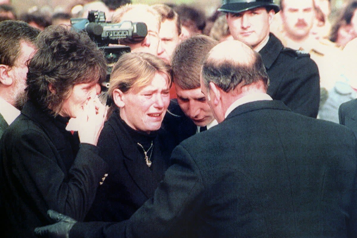 An emotional Sharon Priest at her daughter’s funeral after she was murdered in 1992 (PA)