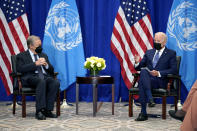 President Joe Biden meets with United Nations Secretary General Antonio Guterres at the Intercontinental Barclay Hotel during the United Nations General Assembly, Monday, Sept. 20, 2021, in New York. (AP Photo/Evan Vucci)