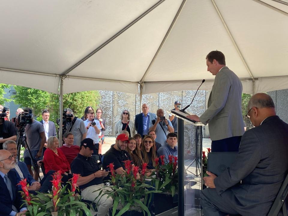UC Athletic Director John Cunningham addresses those gathered Tuesday ahead of the official groundbreaking of the new indoor practice facility that all 18 sports will use when it opens. The first phase should open prior to the 2024 football season.