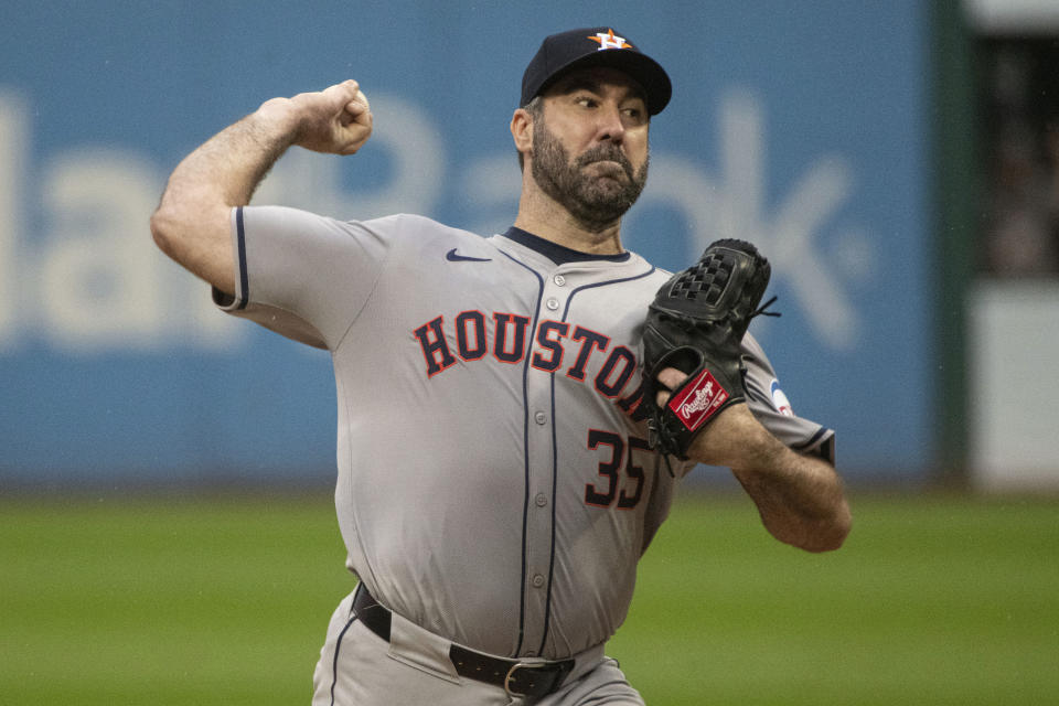 Houston Astros starting pitcher Justin Verlander delivers against the Cleveland Guardians during the first inning of a baseball game in Cleveland, Saturday, Sept. 28, 2024. (AP Photo/Phil Long)