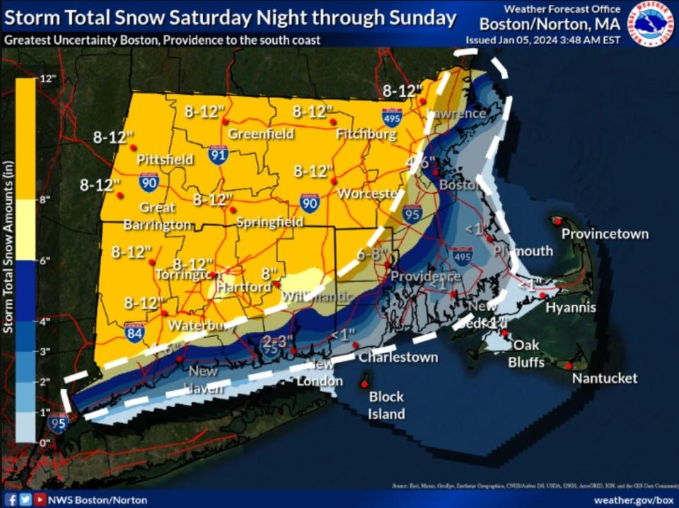 The National Weather Service says the northwest section of Rhode Island should get the most snow, possibly 8 to 12 inches. On Friday morning, the weather service said "latest trends suggest" heavy snow may also fall in the Boston to Providence corridor and also southeastern Massachusetts. "Greatest forecast uncertainty in dashed area," the weather service said.