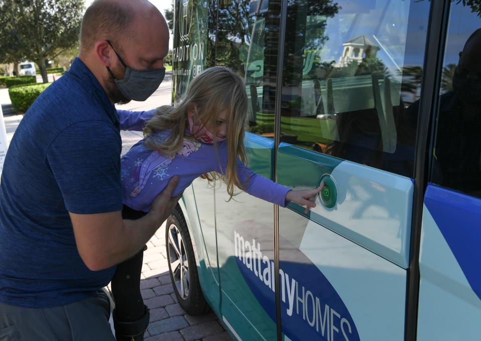 Mattamy Homes and Beep, Autonomous Mobility Solutions, introduces their new 9-passenger omnidirectional autonomous electric shuttles at Tradition Town Square on Friday, Nov. 20, 2020, during a promotional event for their new autonomous shuttle service in the Tradition community. The 9-seat electric vehicles will have a dedicated lane beginning at Mattamy Homes Manderlie neighborhood, taking passengers to Tradition Town Square, The Landing Shopping Center and Cleveland Clinic Tradition Hospital.