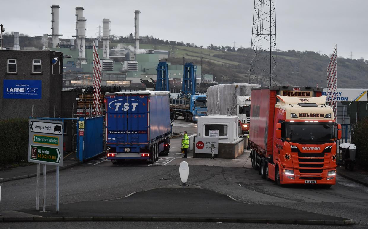 LARNE, NORTHERN IRELAND - NOVEMBER 14: Port officers inspect vehicles at a harbour checkpoint on November 14, 2018 in Larne, Northern Ireland. Prime Minister Theresa May is locked in talks with her cabinet as she attempts to push through an agreement between UK negotiators and their European Union counterparts relating to the United Kingdom's departure from the EU. The border between the Republic of Ireland and Northern Ireland has been a contentious issue during the Brexit talks. The harbour port of Larne has been suggested as a possible border entry checkpoint for agriculture livestock and goods to avoid a so called 'hard border'. (Photo by Charles McQuillan/Getty Images) (Getty Images)