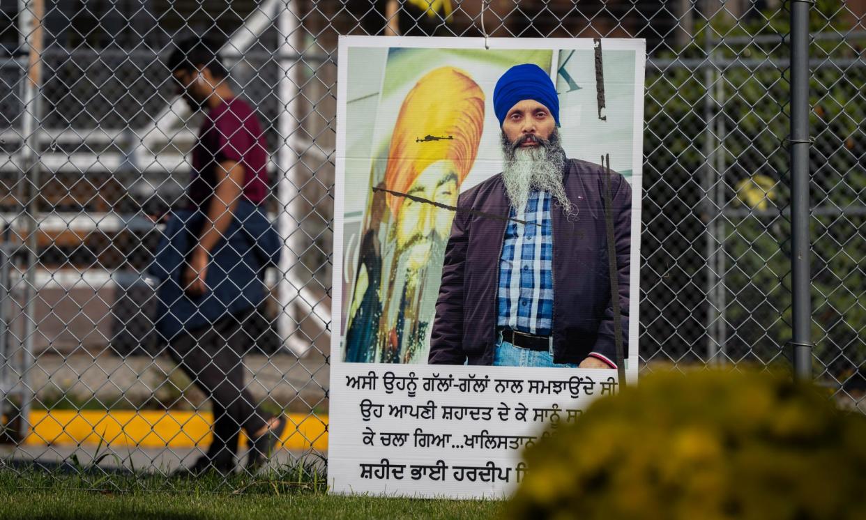 <span>A memorial for Hardeep Singh Nijjar at the Guru Nanak Sikh Gurdwara temple in Surrey, British Columbia, Canada, on 22 September 2023.</span><span>Photograph: Ethan Cairns/EPA</span>