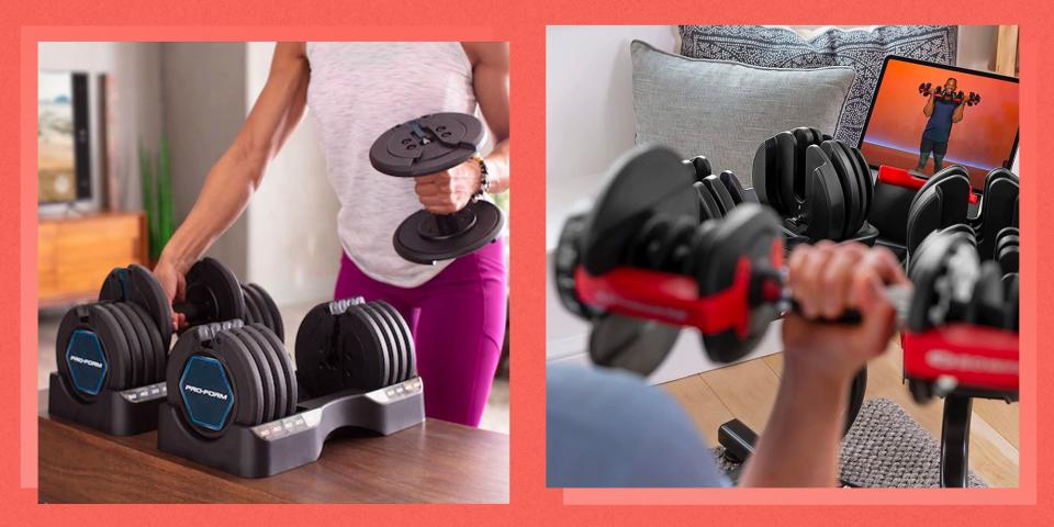 <p>Working out from the comfort of your home has never been easier. Just like top-notch <a href="https://www.bestproducts.com/fitness/equipment/g533/cheap-home-exercise-equipment/" rel="nofollow noopener" target="_blank" data-ylk="slk:workout gear;elm:context_link;itc:0;sec:content-canvas" class="link ">workout gear</a> and <a href="https://www.bestproducts.com/fitness/health/a490/online-fitness-programs-workouts/" rel="nofollow noopener" target="_blank" data-ylk="slk:online fitness classes;elm:context_link;itc:0;sec:content-canvas" class="link ">online fitness classes</a>, handy innovations like adjustable dumbbells make exercising more convenient and efficient, all while offering a lot more versatility in terms of workout level, space, and storage. Adjustable dumbbells are also one of the best ways to quickly power up the intensity of your workouts with a small piece of equipment that will easily fit into a closet when not in use.</p><p>Between work, kids, and the general stuff of life, many of us find it hard-pressed to consistently perform a full-body workout. Weight-lifting tools like dumbbells help you tone and build muscle, all while increasing your strength in as little as 20 minutes a day. Adjustable dumbbells offer the power of a dumbbell rack in a tiny package and different weights with a simple click or twist of a button.</p><p>This makes it a more accessible workout choice for busier folks ... or for those who want something they can do at home. Adjustable dumbbells also cost a lot less than a full rack of weights.<br></p><h2 class="body-h2">The Best Adjustable Dumbbells</h2><h2 class="body-h2">What to Consider</h2><p>As with any buy, what constitutes the perfect set of dumbbells for one person will not be the best choice for another. To ensure you find the best set for your individual fitness goals and home space, there are a few factors to keep in mind:</p><ul><li><strong>Weight Increments:</strong> A set that has both the lightest and heaviest weight you need for your workout is key. Low-intensity workouts might require as little as 2.5 pounds to start. However, if you're a seasoned lifter, something around 5 or 10 pounds might be a good starting point. Also consider the possibility of outgrowing your weights as you get stronger (yay, #gains!), and allow for an extra 10 to 20 pounds at the heavier end.</li></ul><ul><li><strong>Plate Adjustability:</strong> Ease and safety of weight adjustment are crucial, whether your plates need to be manually switched out or just dialed into a specific weight setting. Look for sets with super secure, solid construction in their adjustment mechanisms — perhaps with a washer or fastener in between plates. This minimizes any clanking, pinching, injury, and uneven weight distribution.</li></ul><ul><li><strong>Storage Capabilities:</strong> One of the best things about adjustable dumbbells is their Russian doll storage friendliness. Take advantage of this with a set that comes with its own storage tray it can nestle safely in, without rolling about as it's tucked in your living room or basement corner.</li></ul><ul><li><strong>Look and Feel:</strong> Preferences can vary — are you a metal, vinyl, or neoprene person? Whichever you choose, a dumbbell with a nonslip coating and comfortable, non-eroding grip helps ensure that you look forward to your lifting sessions. One that's durable enough to withstand constant use will also give you the most bang for your buck.</li></ul><p>Check out our top picks for the best adjustable dumbbells to stay on track toward your fitness goals, no matter how busy life gets.</p>