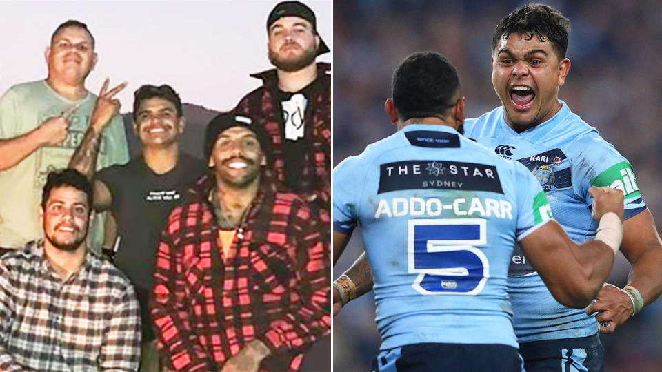 Pictured left, the camping trip photo that's landed NSW stars Josh Addo-Carr and Latrell Mitchell in strife.