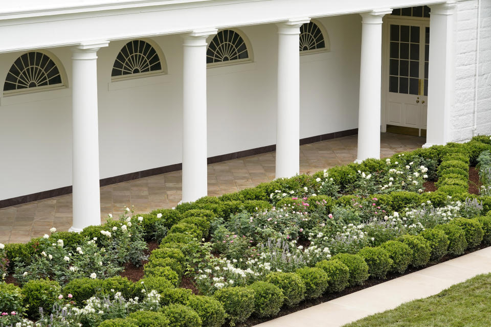 A view of the restored Rose Garden is seen at the White House in Washington, Saturday, Aug. 22, 2020. First Lady Melania Trump will deliver her Republican National Convention speech Tuesday night from the garden, famous for its close proximity to the Oval Office. The three weeks of work on the garden, which was done in the spirit of its original 1962 design, were showcased to reporters on Saturday. (AP Photo/Susan Walsh)