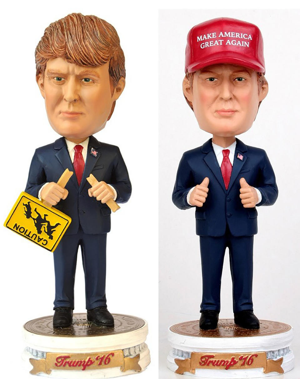 Usually, bobblehead dolls have big heads over tiny bodies. The problem with making a <a href="http://trumpbobblehead.com/" target="_blank">Trump bobblehead doll </a>is that no one is as big-headed as "The Donald." No matter what they do, the head will never be bigger than the real Trump's noggin. ($24.95 each, $39.95 for pair)