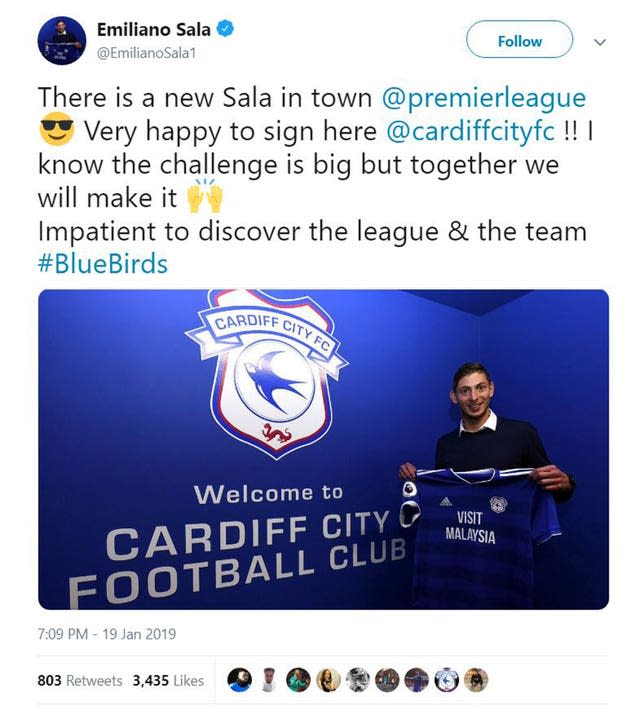 Emiliano Sala was waiting for his Cardiff City debut after signing a three-year-deal for the Premier League club when he died (PA)