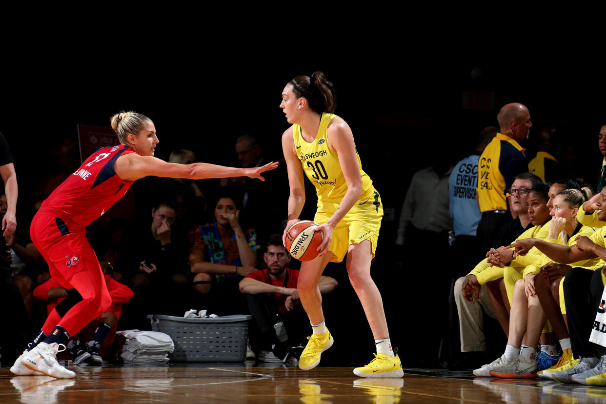 FAIRFAX, VA - SEPTEMBER 12: Breanna Stewart #30 of the Seattle Storm handles the ball against the Washington Mystics during Game Three of the 2018 WNBA Finals on September 12, 2018 at Eaglebank Arena at George Mason University in Fairfax, VA. NOTE TO USER: User expressly acknowledges and agrees that, by downloading and or using this photograph, User is consenting to the terms and conditions of the Getty Images License Agreement. Mandatory Copyright Notice: Copyright 2018 NBAE (Photo by Ned Dishman/NBAE via Getty Images)