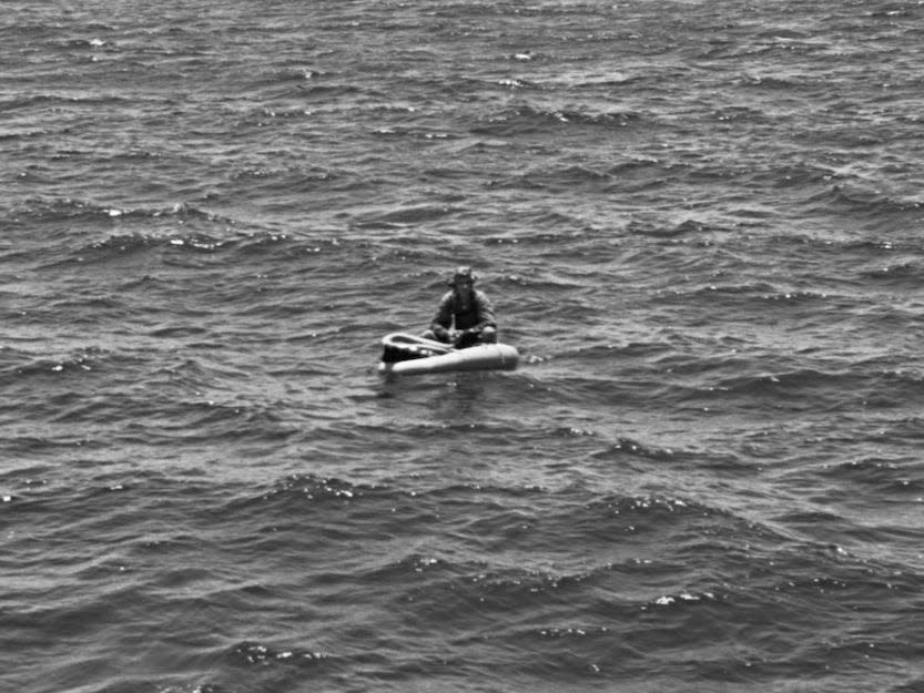 World War II Navy pilot in life raft waiting for rescue