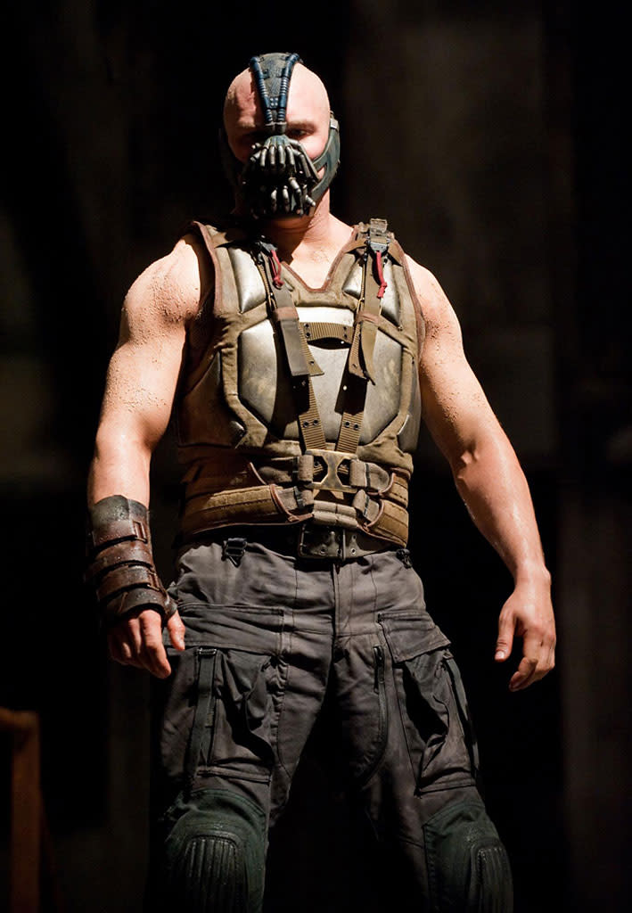 <b>3. Bane - Tom Hardy, "The Dark Knight Rises"</b> Pay no attention to the complaints about Bane's mask muffling his dialogue: All you need to know about Tom Hardy's performance in that movie you can see in his too-massive-to-seem-real physique and hulking, menacing posture. Hardy's Bane was a truly worthy adversary for the climactic entry in Christopher Nolan's "Batman" trilogy.