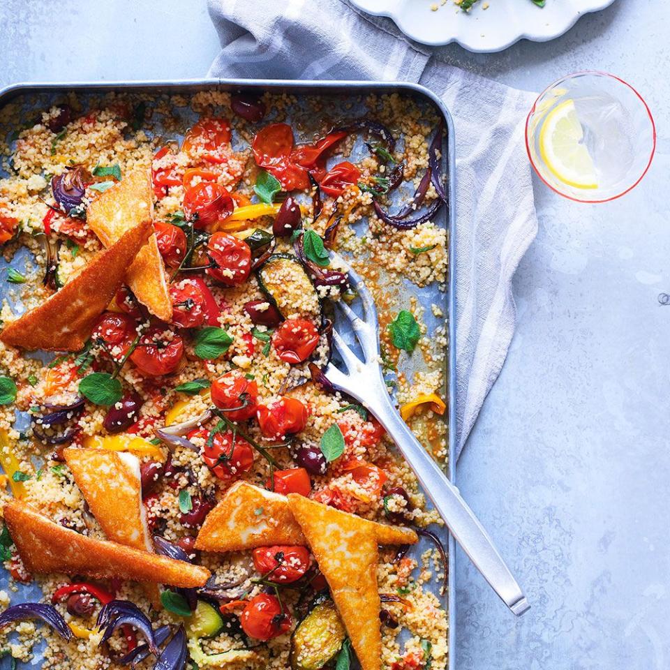 <p>We’ve turned classic Greek salad on its head here. Pan-fried Saganaki cheese adds wonderful texture and moreish flavour but if you can’t get hold of it, use halloumi instead.</p><p><strong>Recipe: <a href="https://www.goodhousekeeping.com/uk/food/recipes/a570620/baked-greek-salad/" rel="nofollow noopener" target="_blank" data-ylk="slk:Baked Greek salad;elm:context_link;itc:0;sec:content-canvas" class="link ">Baked Greek salad</a></strong></p>