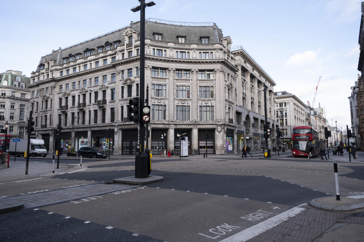 Oxford Street at Oxford Circus empty of shoppers as the national coronavirus lockdown three continues on 28th January 2021 in London, United Kingdom. Following the surge in cases over the Winter including a new UK variant of Covid-19, this nationwide lockdown advises all citizens to follow the message to stay at home, protect the NHS and save lives. (photo by Mike Kemp/In Pictures via Getty Images)