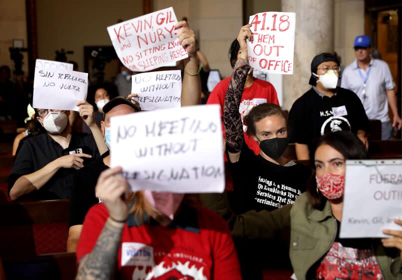 LOS ANGELES, CA - OCTOBER 12, 2022: Members of the community are calling for the resignation of Nury Martinez, Kevin de Leon and Gil Cedillo at City Hall Council chambers in downtown Los Angeles on Wednesday, October 12, 2022. (Christina House / Los Angeles Times)