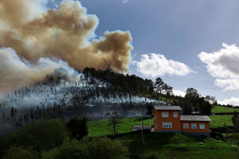 Smokes billows from a blaze near the village of Setienes during an outbreak of wildfires in northern Spain's Asturias region