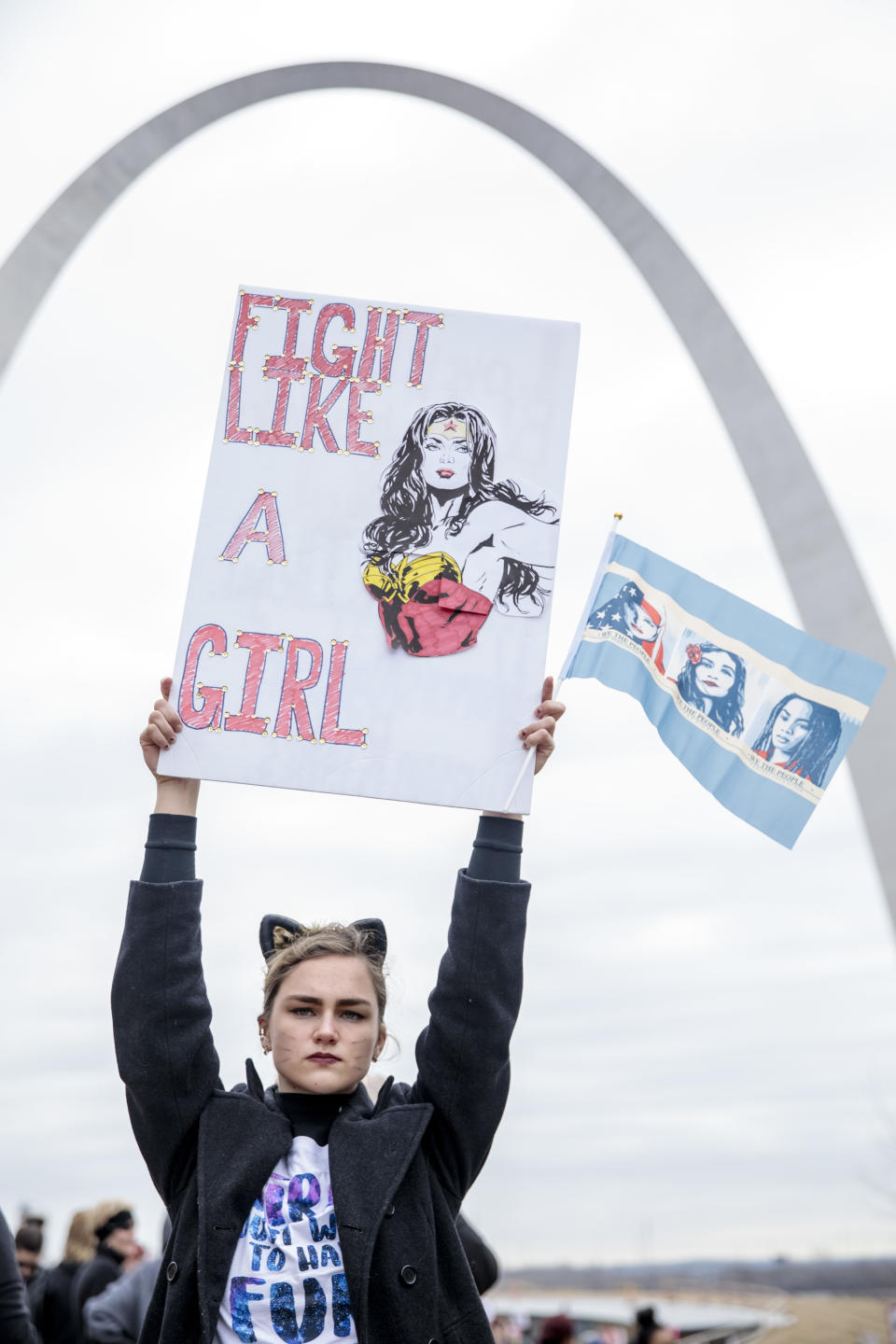 Natalie White, 17, participates in the Women’s March for Truth on January 20, 2018 in front of the Gateway Arch in St Louis, Missouri. (Photo: Whitney Curtis/Getty Images)