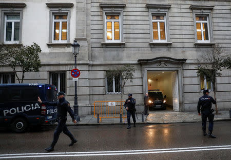 A police van beleived to be carrying some of the five Catalan politicians ordered to be jailed pending their trial for rebellion leaves the Supreme Court in Madrid, Spain, March 23, 2018. REUTERS/Juan Medina