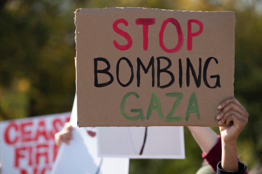 Anecdotally, young and liberal Americans are expressing solidarity with Palestinians and voicing discontent with President Joe Biden’s lack of criticism of Israel. Above, protesters attend a Washington rally last month to denounce the Israeli military operations in Gaza that followed Hamas’ attack on Israel. (Photo by Roberto Schmidt/AFP via Getty Images)