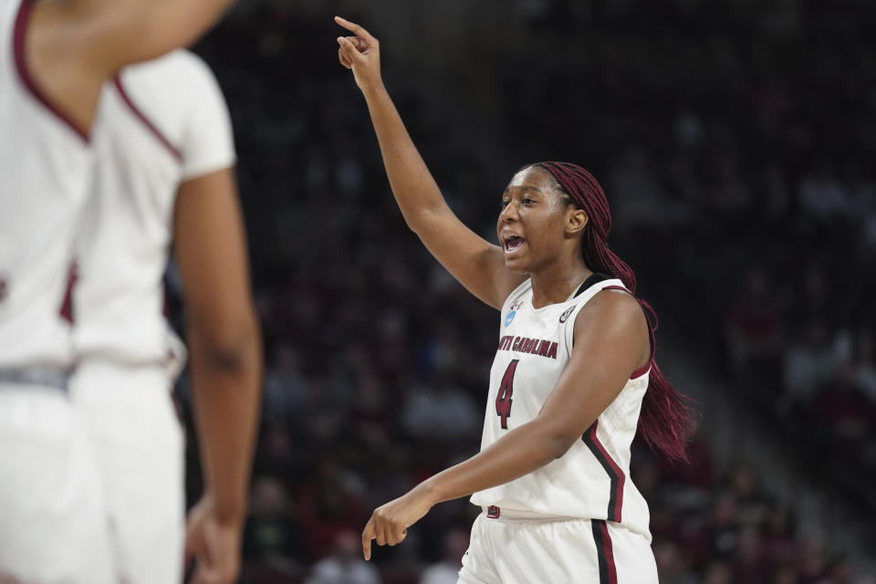 South Carolina forward Aliyah Boston directs teammates in the first half of a first-round college basketball game against Norfolk State in the NCAA Tournament, Friday, March 17, 2023, in Columbia, S.C. (AP Photo/Sean Rayford)