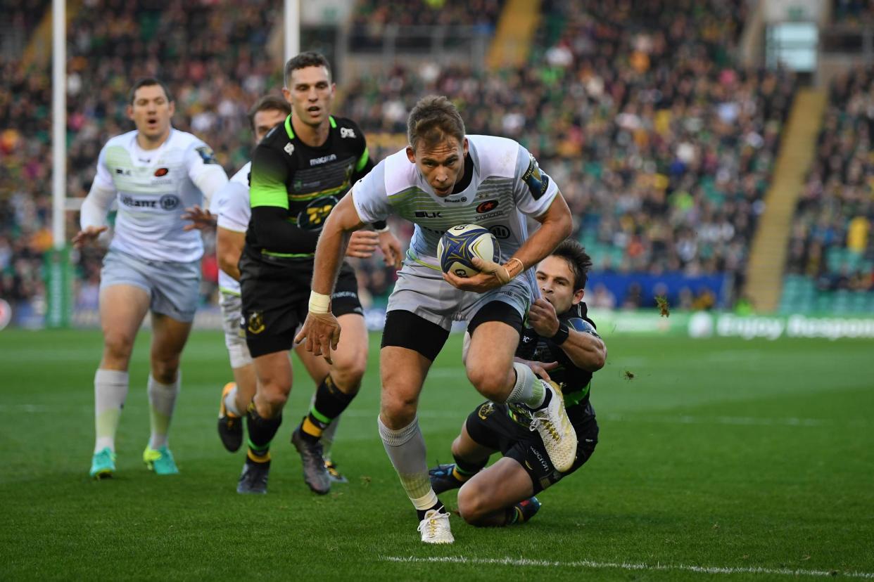 Breakthrough | Liam Williams scores the first of Saracens’ eight tries at Franklin’s Gardens: Shaun Botterill/Getty Images