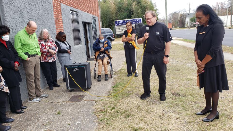 The Rev. Bobby Tyson of Camp Ground United Methodist Church prays during a service at Greater Unity Tabernacle Christian Church on Dec. 3, 2023. The church has held a prayer service every Sunday at 2 p.m. since it was vandalized in November with hateful graffiti.