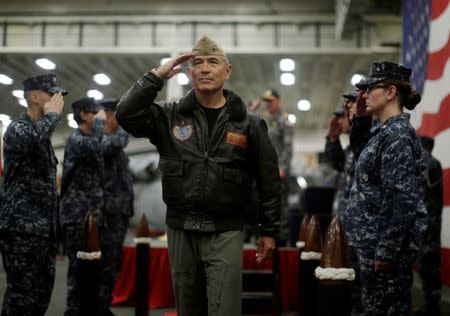 U.S. Navy Admiral Harry Harris, Commander of the U.S. Pacific Command, salutes at a ceremony marking the start of Talisman Saber 2017, a biennial joint military exercise between the United States and Australia, aboard the USS Bonhomme Richard amphibious assault ship in the Pacific Ocean off the coast of Sydney, Australia, June 29, 2017. REUTERS/Jason Reed