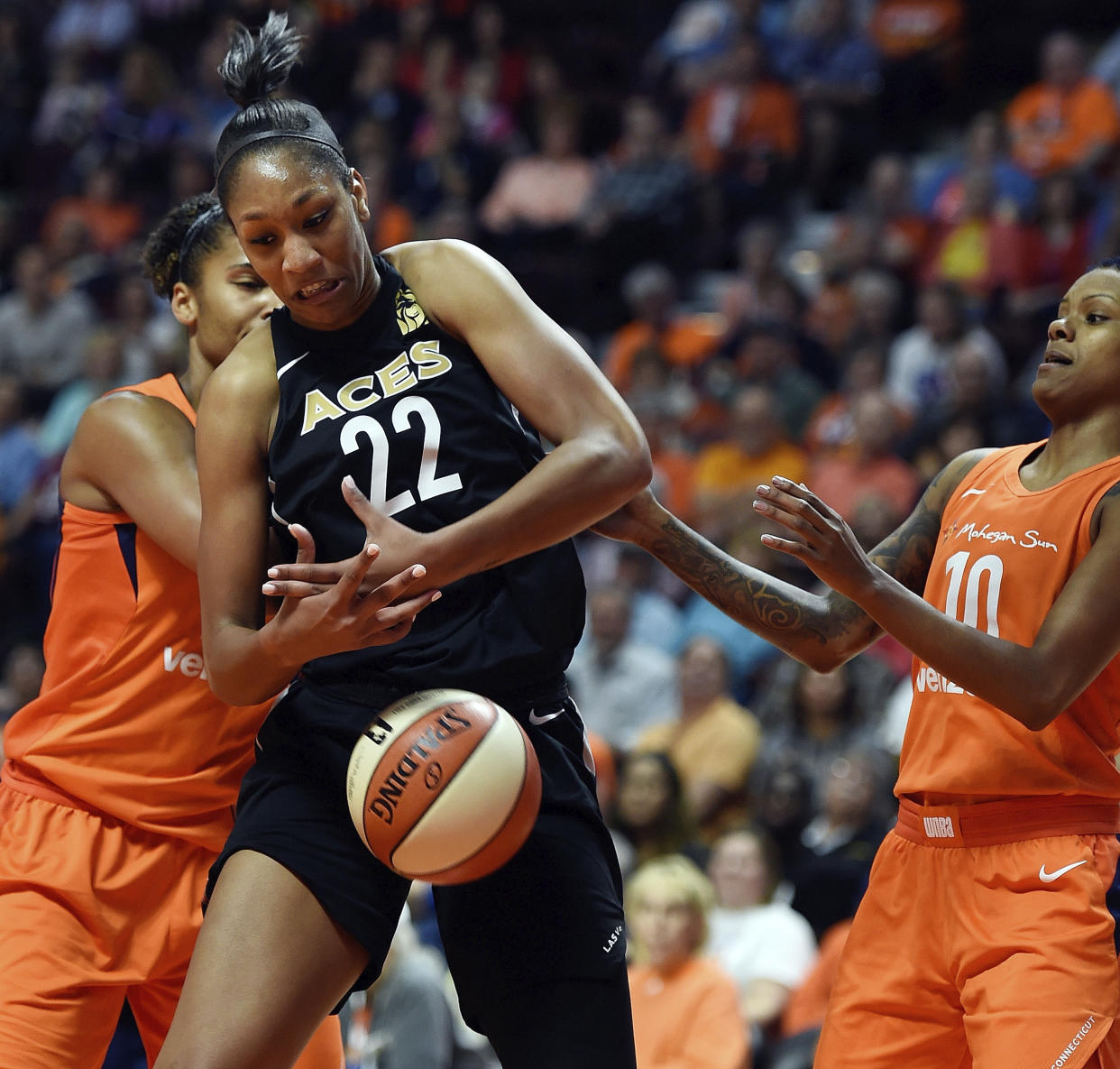 A’ja Wilson and the Aces got caught in a difficult travel day that included multiple delays. (Sean D. Elliot/The Day via AP)