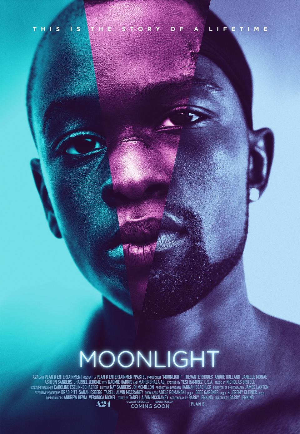 MOONLIGHT, US poster art, trisected from left, Jaden Piner, Jharrel Jerome, Andre Holland, 2016, ©A24/courtesy Everett Collection