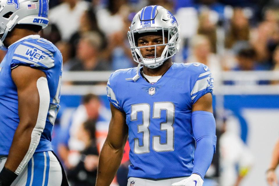 Sep 18, 2022; Detroit, Michigan, USA; Detroit Lions safety JuJu Hughes (33) during the first half against Washington Commanders at Ford Field.