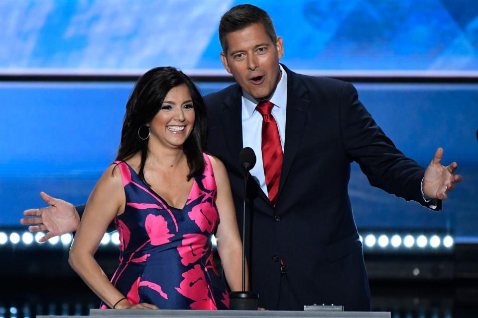 Rep. Sean Duffy, R-WI, and Rachel Duffy, speak on stage at the Republican National Convention Monday night.