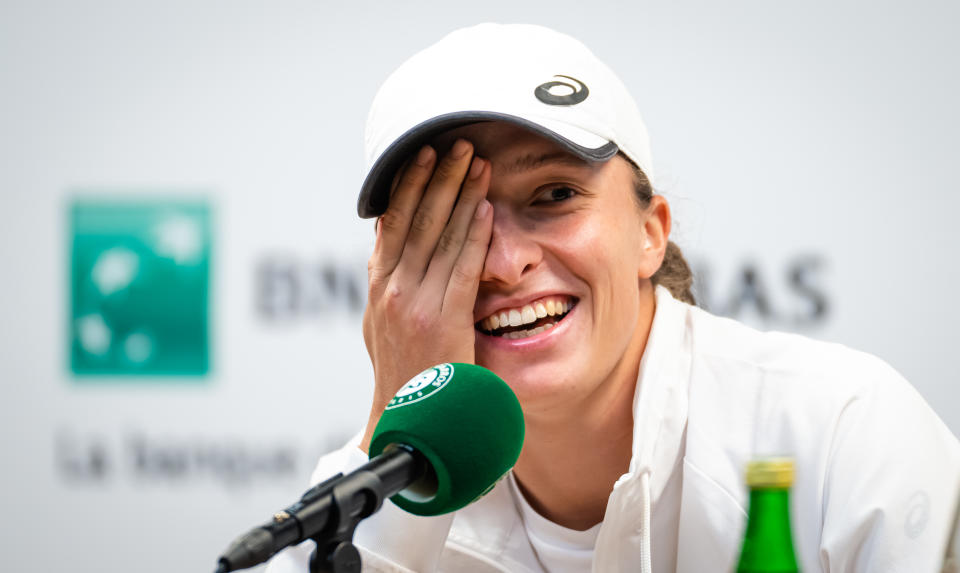 Seen here, Poland's Iga Swiatek talks to the media after her fourth round win at the French Open. 