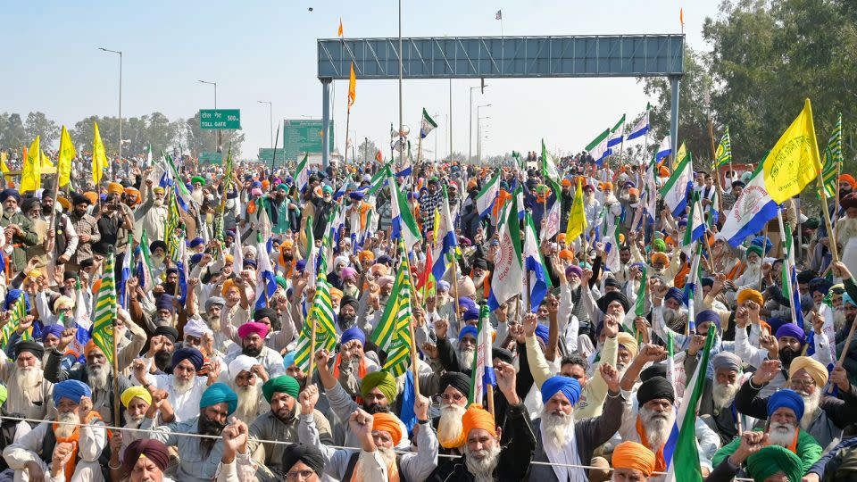 Farmers shout slogans during a protest to demand minimum crop prices, near the Haryana-Punjab state border at Shambhu in Patiala district about 200 kilometres north of New Delhi on February 16, 2024. - Narinder Nanu/AFP/Getty Images