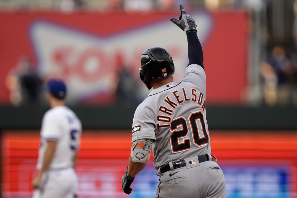 Detroit Tigers first baseman Spencer Torkelson celebrates after hitting a two-run home run during the first inning of a baseball game against the Kansas City Royals Tuesday, July 18, 2023, in Kansas City, Mo. (AP Photo/Charlie Riedel)