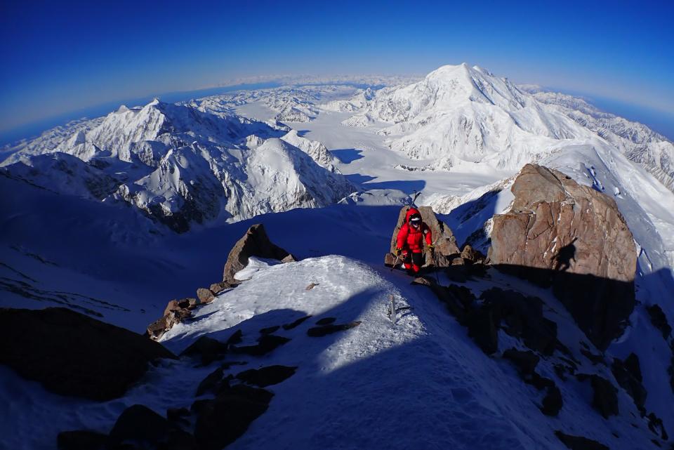 Sarah Maynard making her way along the 16,000 ft ridge of Denali during an early morning attempt to reach the summit.