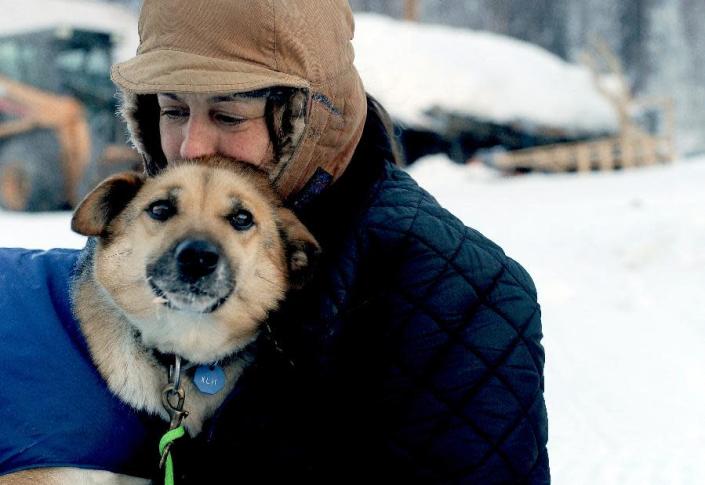 Musher Karin Hendrickson cuddles with one of her sled dogs at the Takotna checkpoint during the Iditarod Trail Sled Dog Race on Thursday, March 6, 2014. (AP Photo/The Anchorage Daily News, Bob Hallinen)
