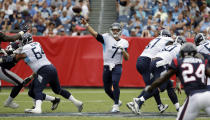 Tennessee Titans quarterback Blaine Gabbert (7) passes against the Houston Texans in the second half of an NFL football game Sunday, Sept. 16, 2018, in Nashville, Tenn. (AP Photo/James Kenney)