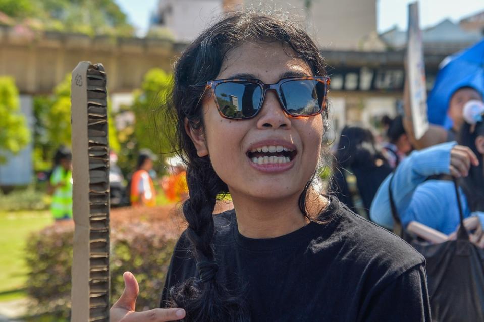 Lawyer Aissa speaks to a reporter while attending Women's March Malaysia 2023 in conjunction with International Women’s Day in Kuala Lumpur March 12, 2023. — Picture by Miera Zulyana