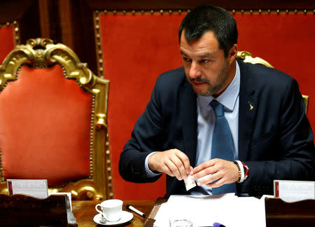 Deputy Prime Minister Matteo Salvini is seen in the upper house of the Italian parliament ahead of a vote that could strip him of his legal immunity and allow magistrates to continue investigating him for allegedly kidnapping more than 100 migrants on a coast guard ship last year, in Rome, Italy March 20, 2019. REUTERS/Yara Nardi