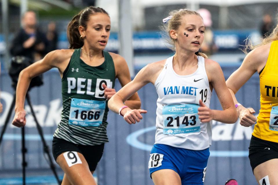 Van Meter's Laura Streck runs the 1500 meter race during the Drake Relays at Drake Stadium on Saturday, April 27, 2024, in Des Moines.