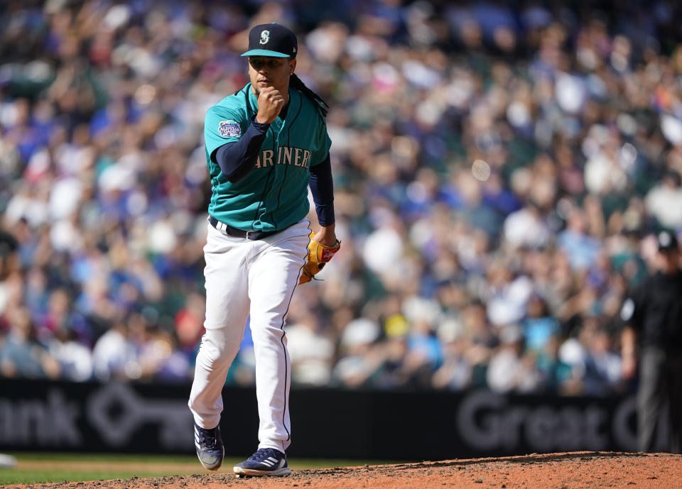 Seattle Mariners starting pitcher Luis Castillo clenches his fist after striking out Los Angeles Angels' Matt Thaiss to end the top of the sixth inning of a baseball game Wednesday, Sept. 13, 2023, in Seattle. (AP Photo/Lindsey Wasson)