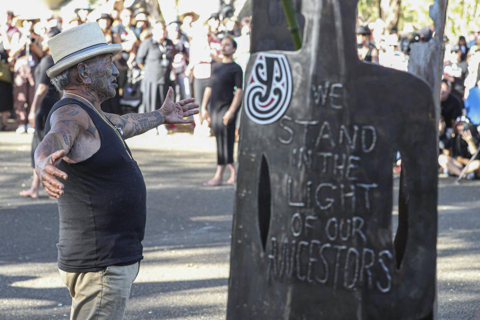 New Zealand Maori activist Tame Iti gestures at the Waitangi Treaty House grounds ahead of Waitangi Day celebrations in Waitangi, northern New Zealand, Monday, Feb. 5, 2024. In a fiery exchange at the birthplace of modern New Zealand, Indigenous leaders strongly criticized the current government's approach to Maori, ahead of the country’s national day.(Michael Cunningham/NZ Herald via AP)